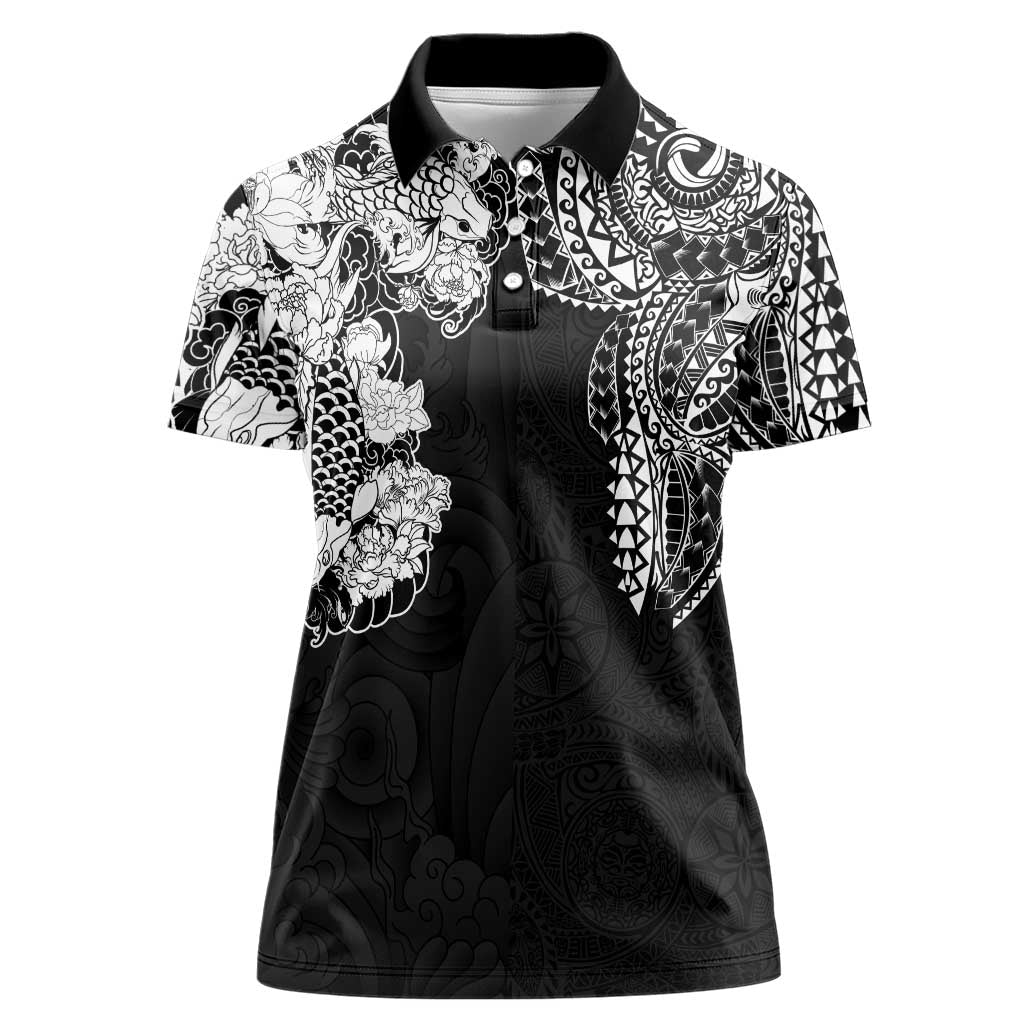 Japanese Irezumi and Hawaiian Polynesian Art Tattoo Women Polo Shirt Black Color - Wonder Print Shop