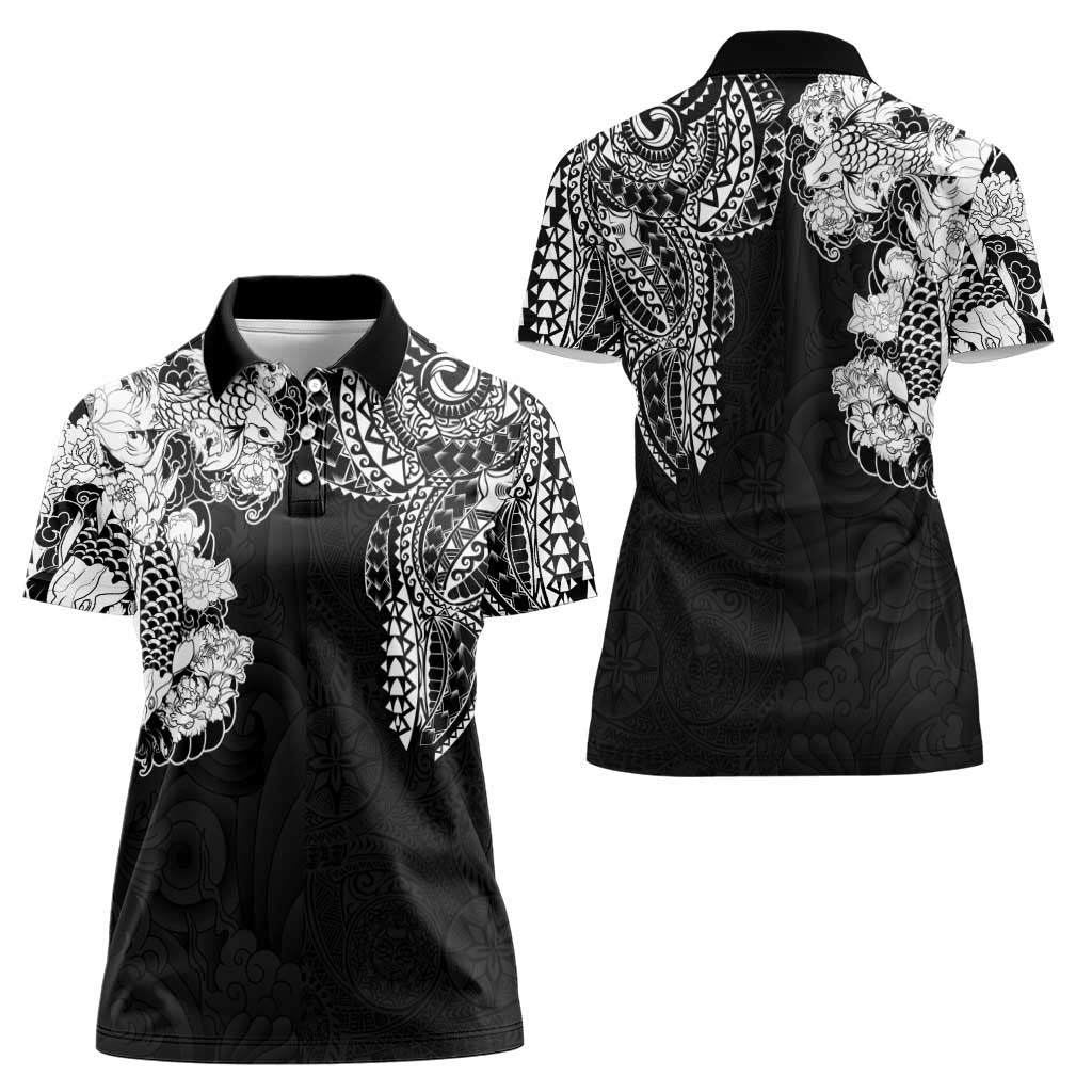 Japanese Irezumi and Hawaiian Polynesian Art Tattoo Women Polo Shirt Black Color - Wonder Print Shop