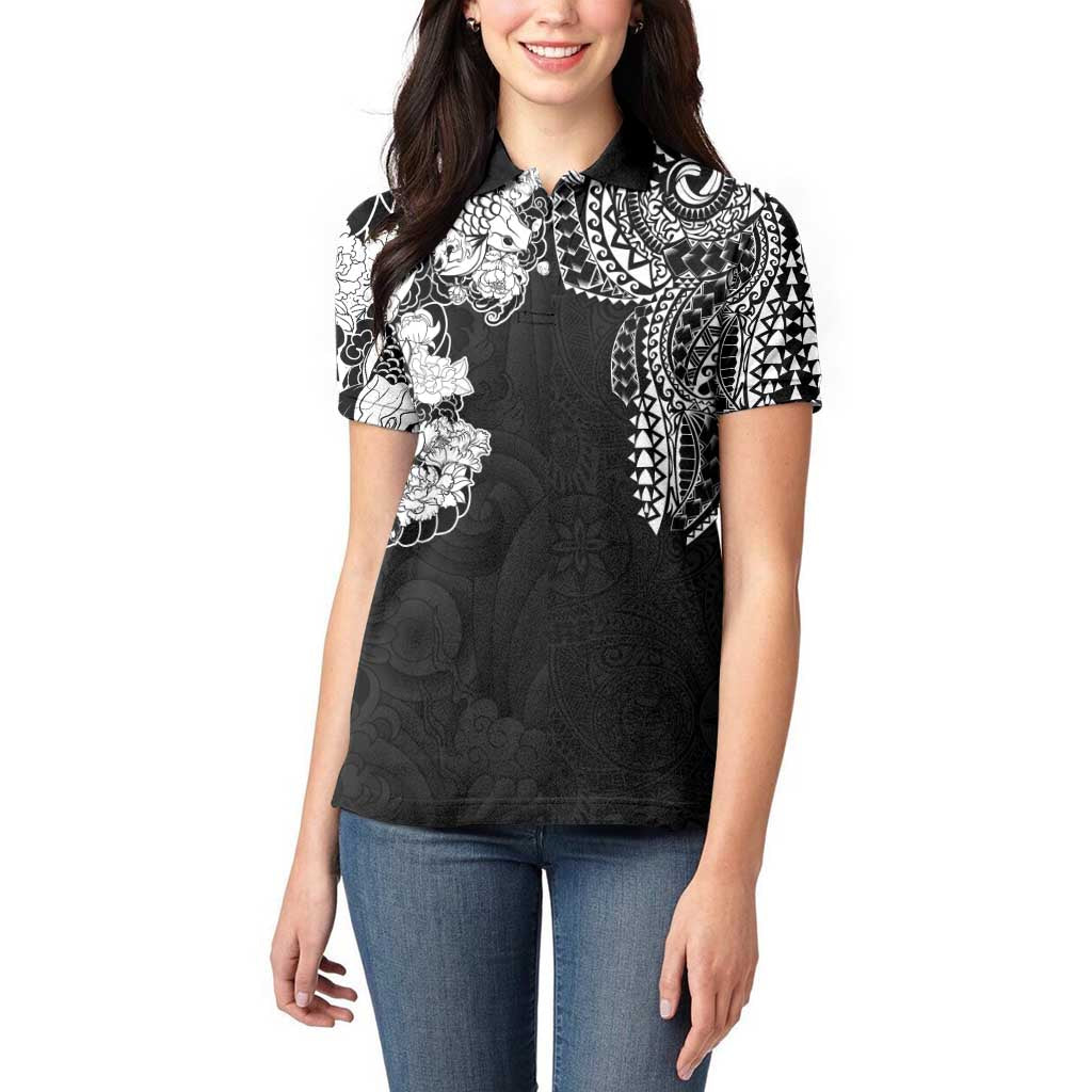 Japanese Irezumi and Hawaiian Polynesian Art Tattoo Women Polo Shirt Black Color - Wonder Print Shop