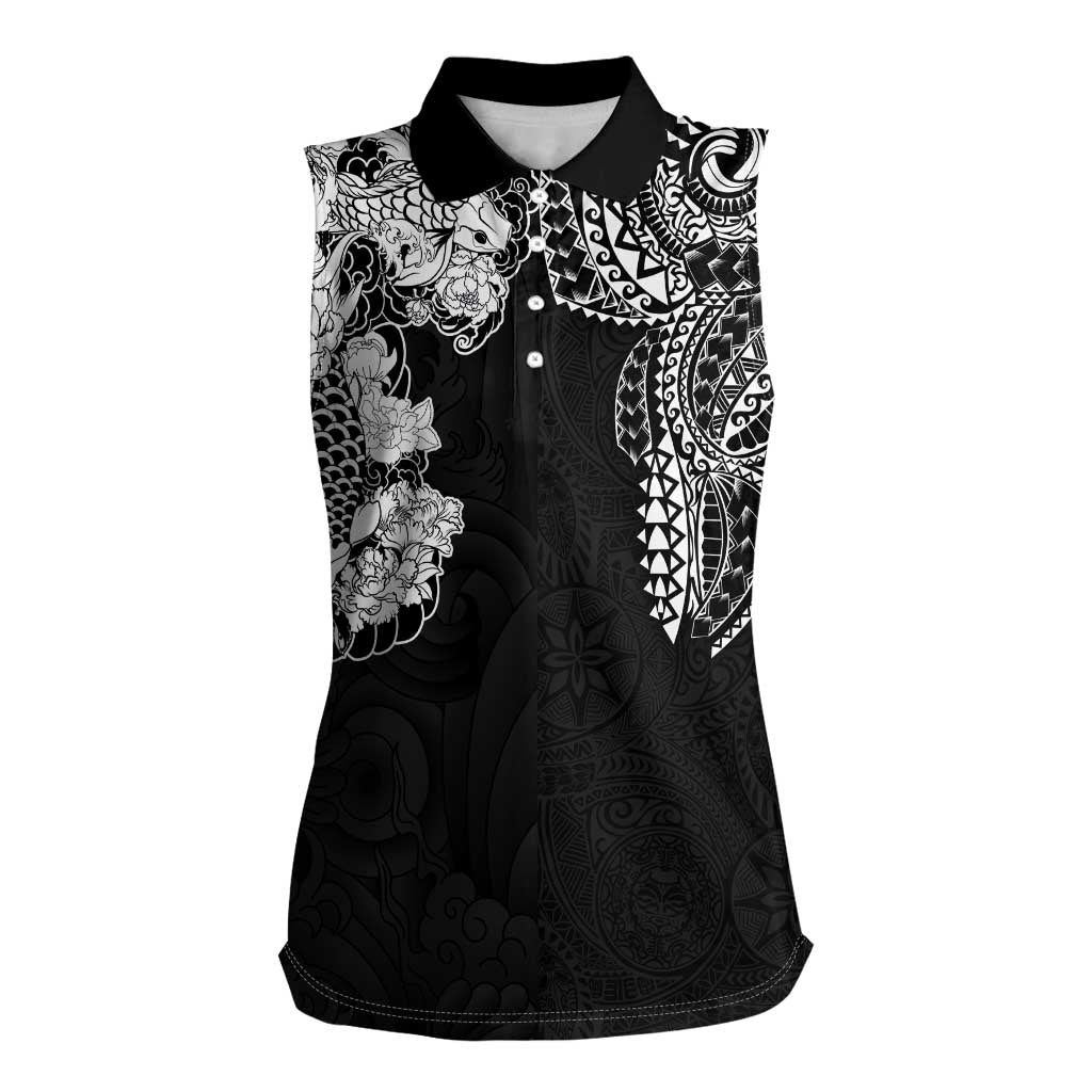 Japanese Irezumi and Hawaiian Polynesian Art Tattoo Women Sleeveless Polo Shirt Black Color - Wonder Print Shop