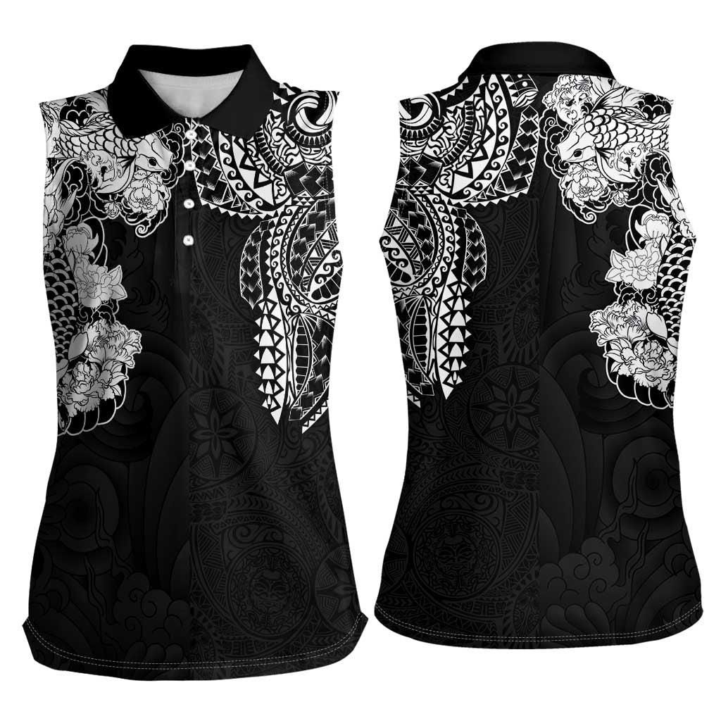 Japanese Irezumi and Hawaiian Polynesian Art Tattoo Women Sleeveless Polo Shirt Black Color - Wonder Print Shop