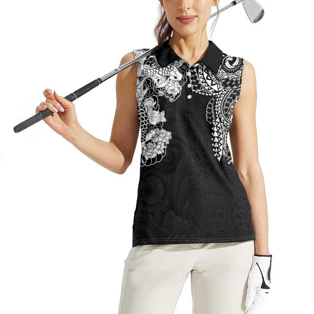 Japanese Irezumi and Hawaiian Polynesian Art Tattoo Women Sleeveless Polo Shirt Black Color - Wonder Print Shop
