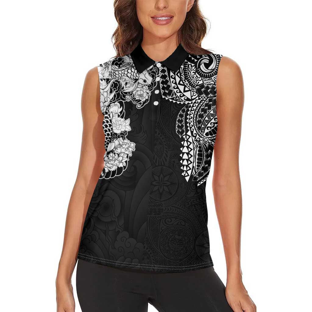 Japanese Irezumi and Hawaiian Polynesian Art Tattoo Women Sleeveless Polo Shirt Black Color - Wonder Print Shop