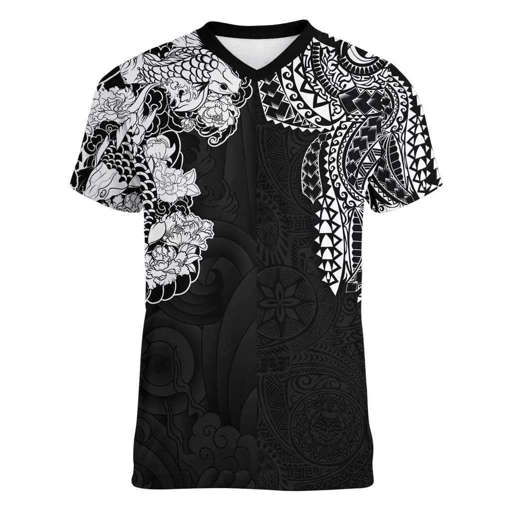 Japanese Irezumi and Hawaiian Polynesian Art Tattoo Women V-Neck T-Shirt Black Color - Wonder Print Shop