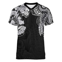 Japanese Irezumi and Hawaiian Polynesian Art Tattoo Women V-Neck T-Shirt Black Color - Wonder Print Shop