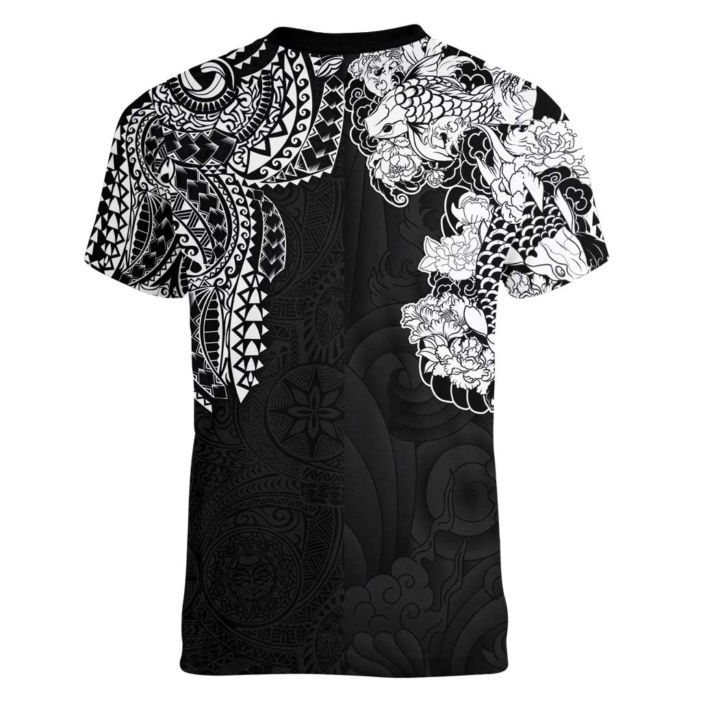 Japanese Irezumi and Hawaiian Polynesian Art Tattoo Women V-Neck T-Shirt Black Color - Wonder Print Shop
