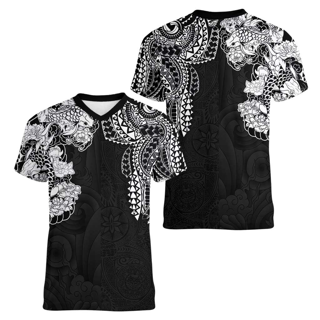 Japanese Irezumi and Hawaiian Polynesian Art Tattoo Women V-Neck T-Shirt Black Color - Wonder Print Shop