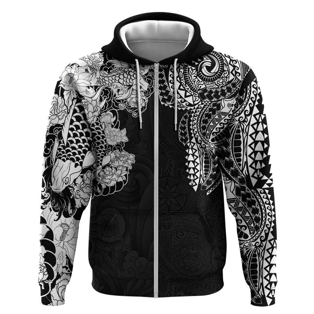 Japanese Irezumi and Hawaiian Polynesian Art Tattoo Zip Hoodie Black Color - Wonder Print Shop