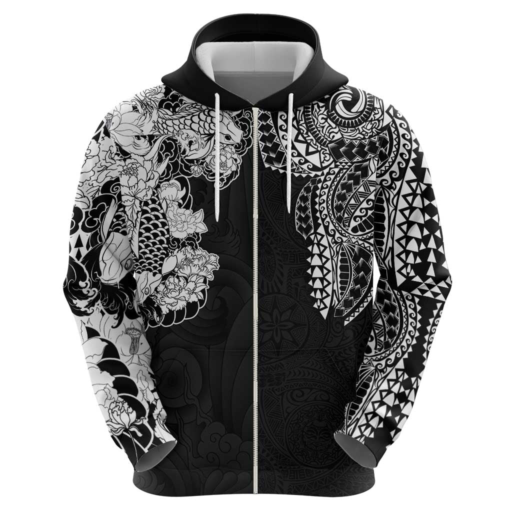 Japanese Irezumi and Hawaiian Polynesian Art Tattoo Zip Hoodie Black Color - Wonder Print Shop