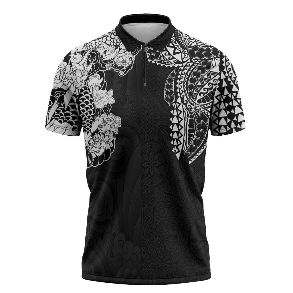 Japanese Irezumi and Hawaiian Polynesian Art Tattoo Zipper Polo Shirt Black Color - Wonder Print Shop
