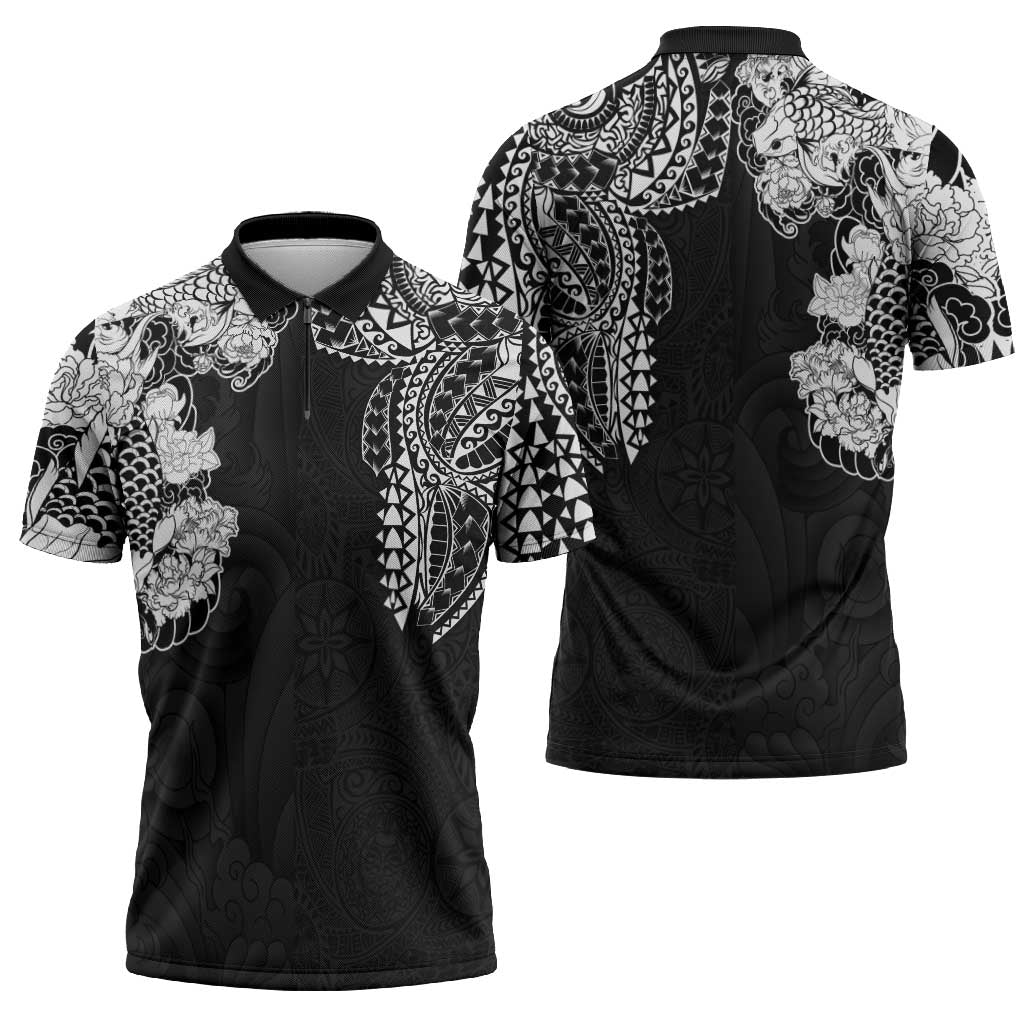 Japanese Irezumi and Hawaiian Polynesian Art Tattoo Zipper Polo Shirt Black Color - Wonder Print Shop