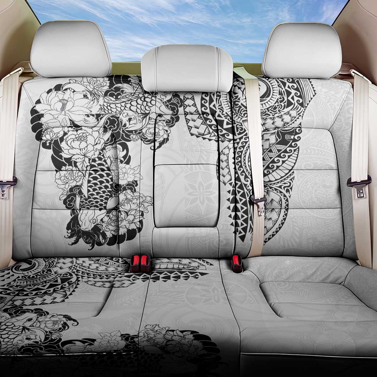 Japanese Irezumi and Hawaiian Polynesian Art Tattoo Back Car Seat Cover White Color - Wonder Print Shop