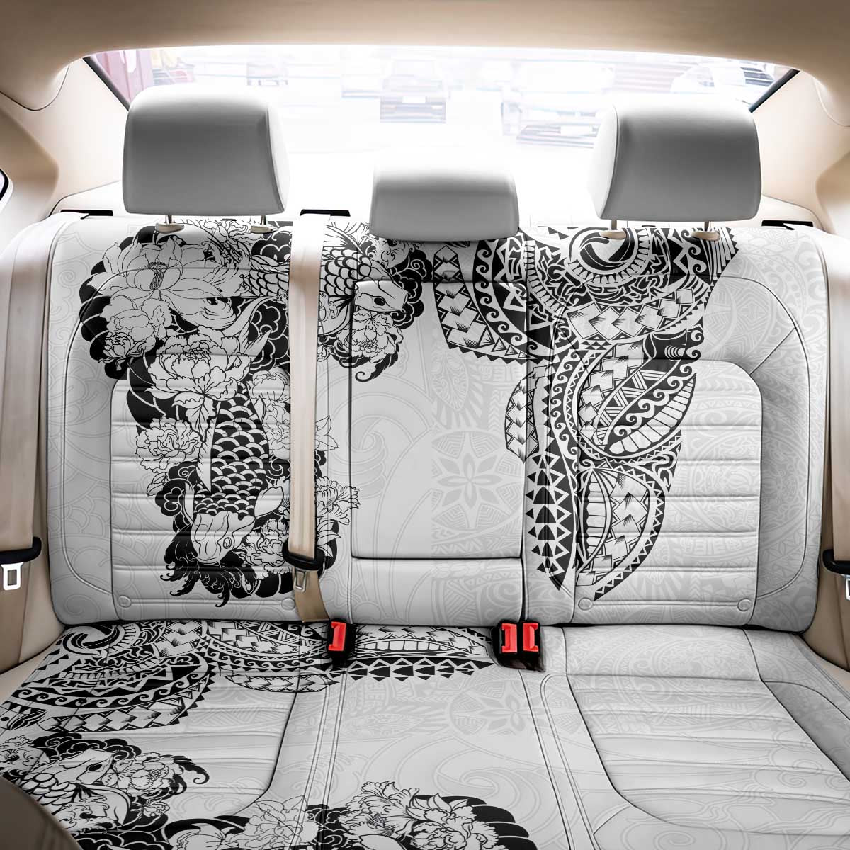 Japanese Irezumi and Hawaiian Polynesian Art Tattoo Back Car Seat Cover White Color - Wonder Print Shop