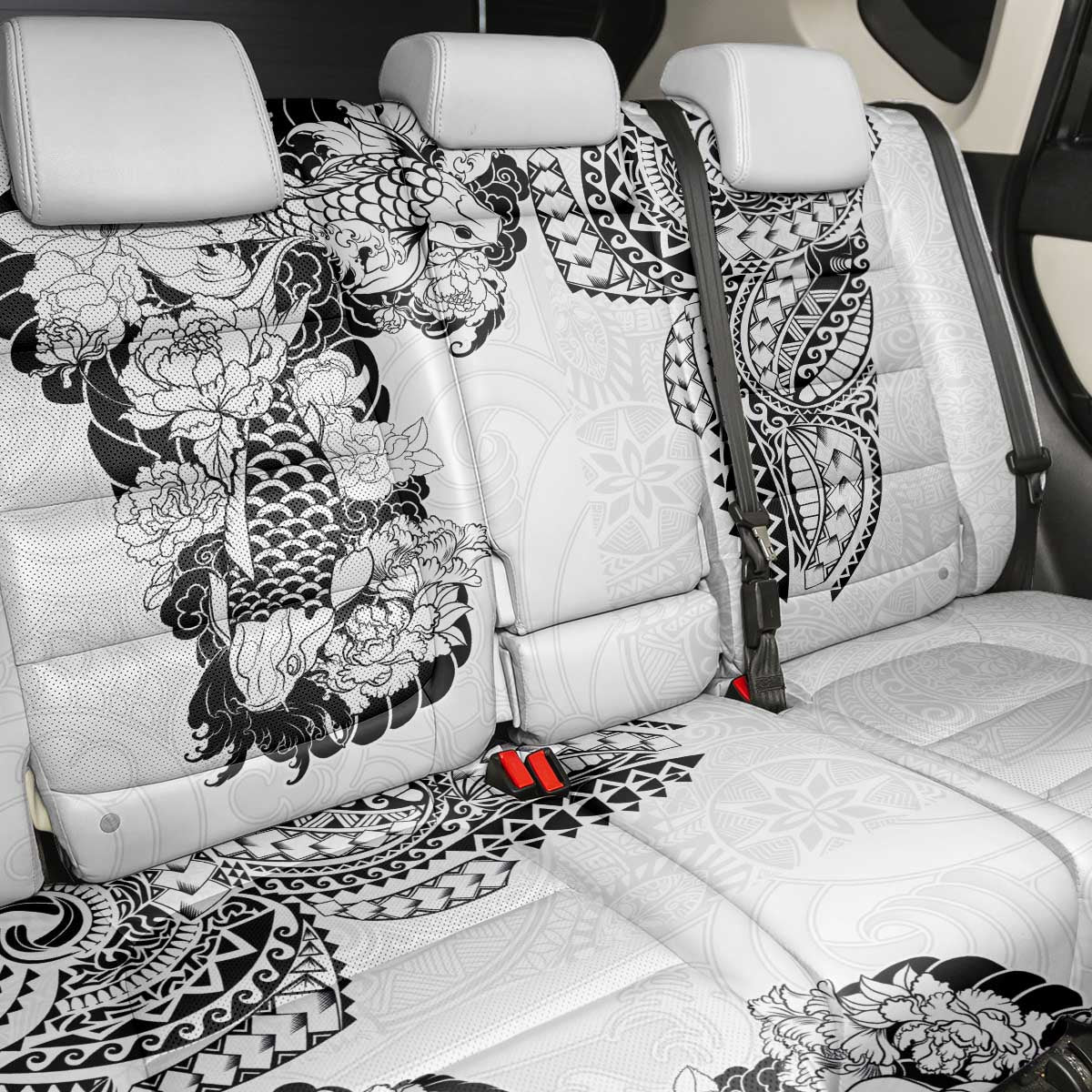 Japanese Irezumi and Hawaiian Polynesian Art Tattoo Back Car Seat Cover White Color - Wonder Print Shop