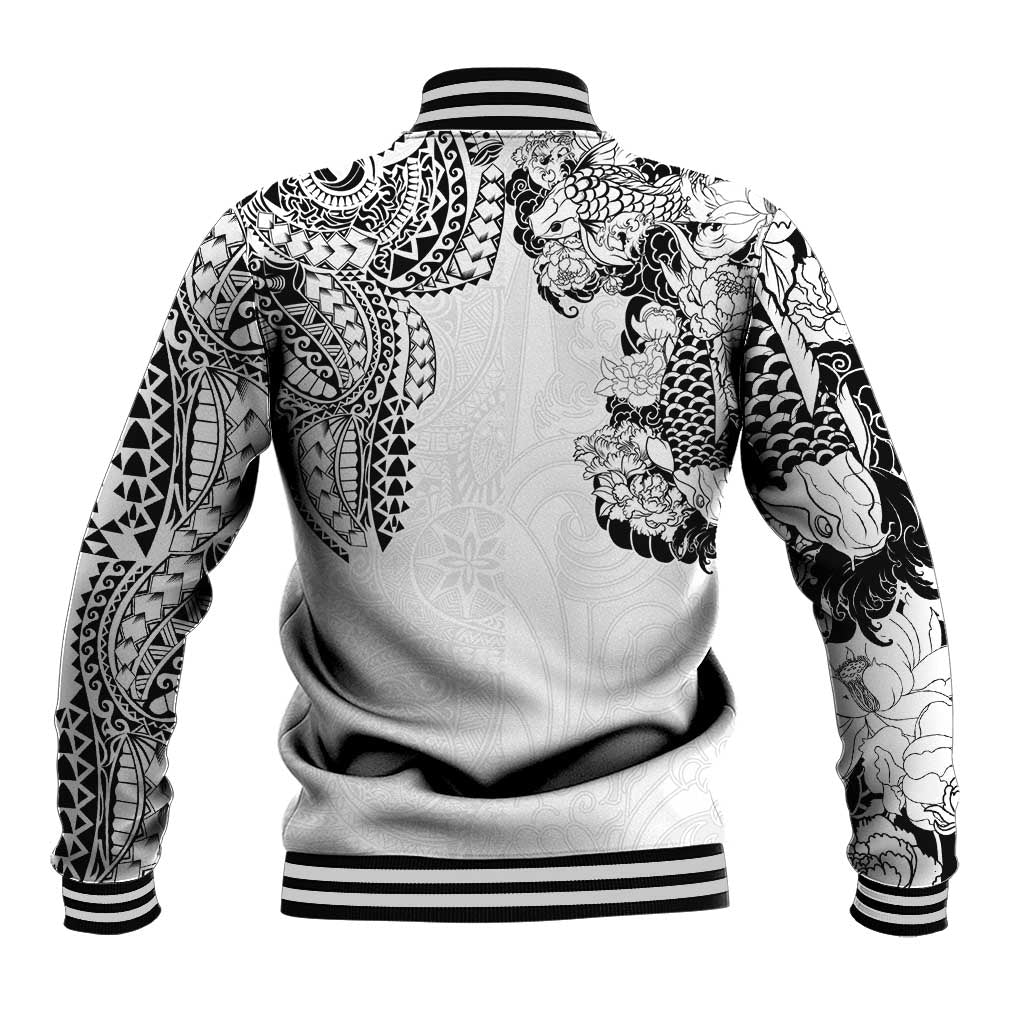 Japanese Irezumi and Hawaiian Polynesian Art Tattoo Baseball Jacket White Color - Wonder Print Shop