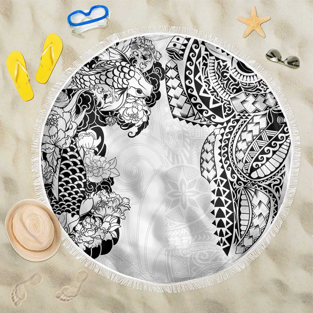 Japanese Irezumi and Hawaiian Polynesian Art Tattoo Beach Blanket White Color - Wonder Print Shop