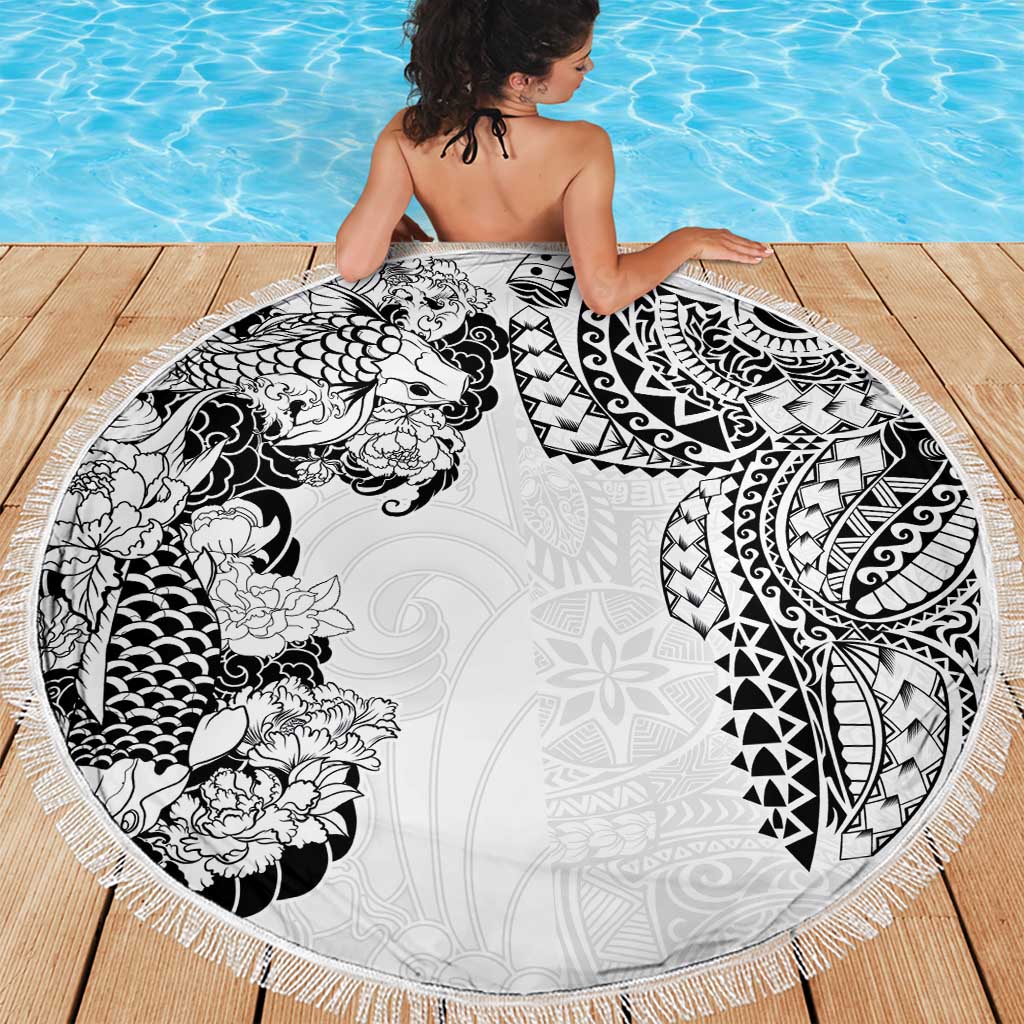 Japanese Irezumi and Hawaiian Polynesian Art Tattoo Beach Blanket White Color - Wonder Print Shop