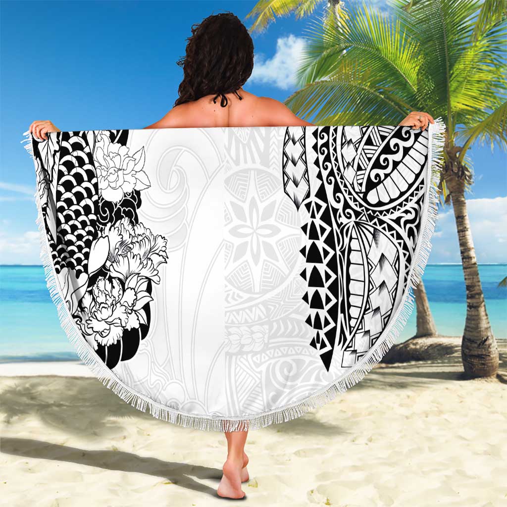 Japanese Irezumi and Hawaiian Polynesian Art Tattoo Beach Blanket White Color - Wonder Print Shop