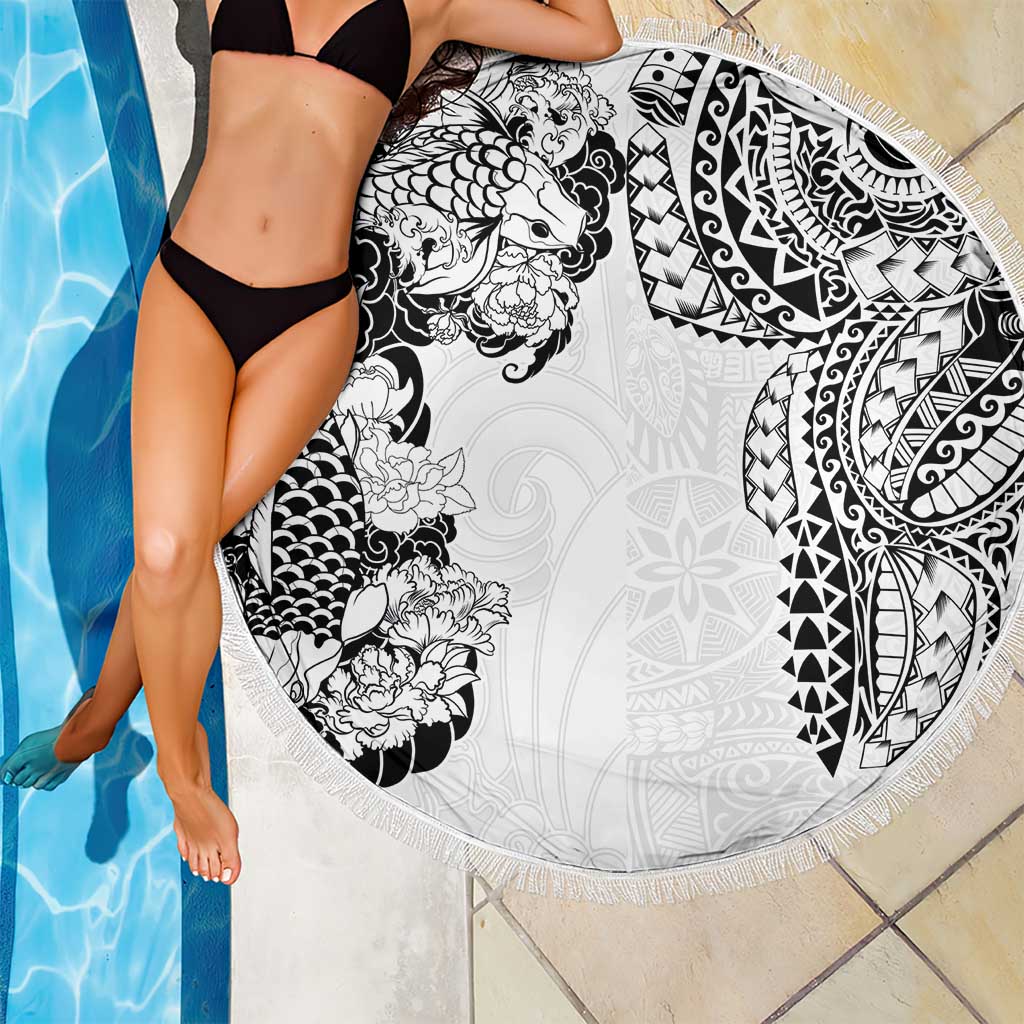 Japanese Irezumi and Hawaiian Polynesian Art Tattoo Beach Blanket White Color - Wonder Print Shop
