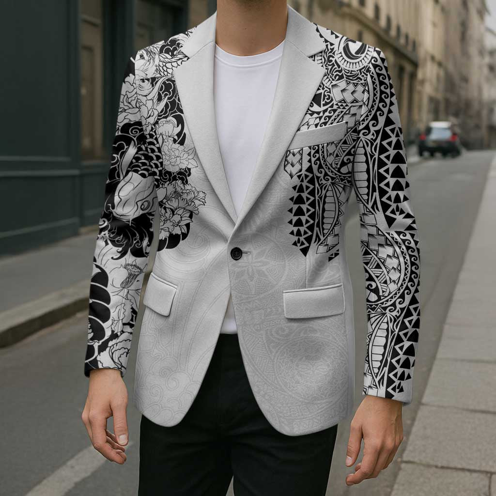 Japanese Irezumi and Hawaiian Polynesian Art Tattoo Blazer White Color - Wonder Print Shop