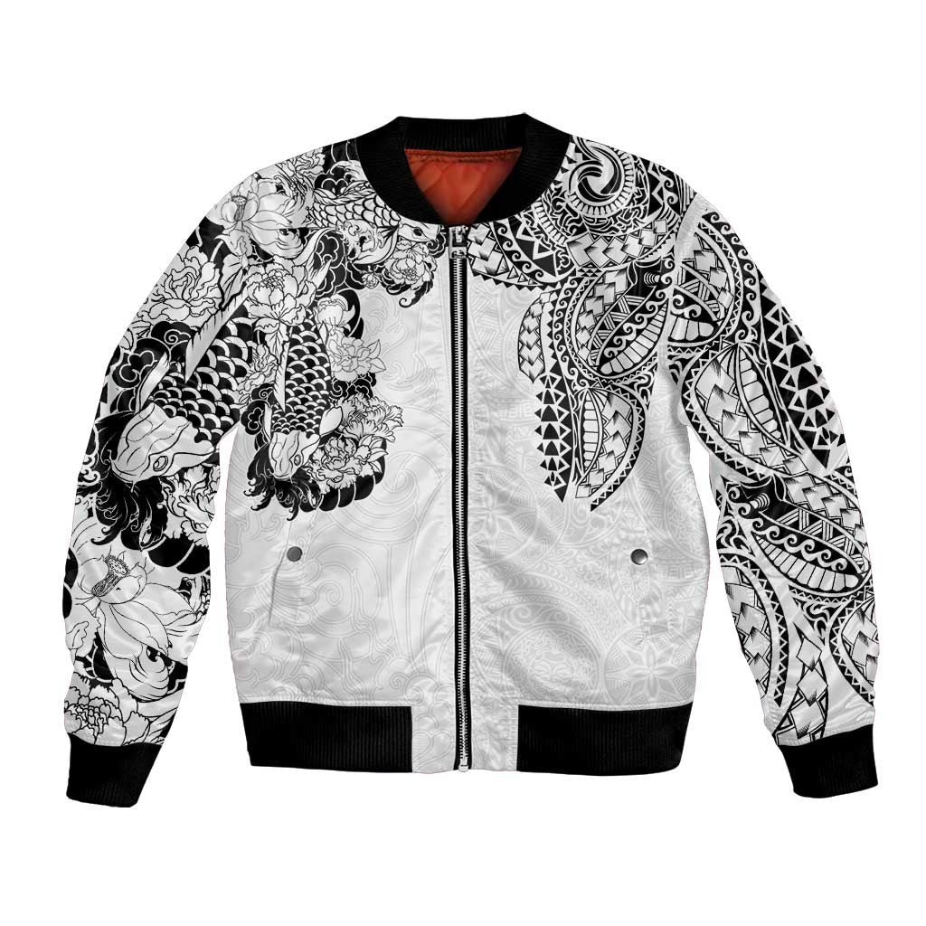 Japanese Irezumi and Hawaiian Polynesian Art Tattoo Bomber Jacket White Color - Wonder Print Shop
