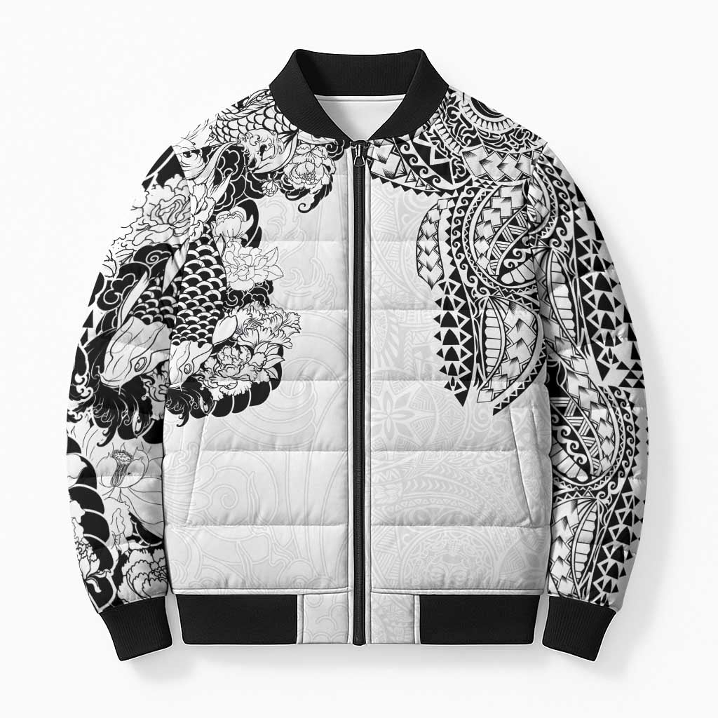 Japanese Irezumi and Hawaiian Polynesian Art Tattoo Bomber Puffer Jacket White Color - Wonder Print Shop