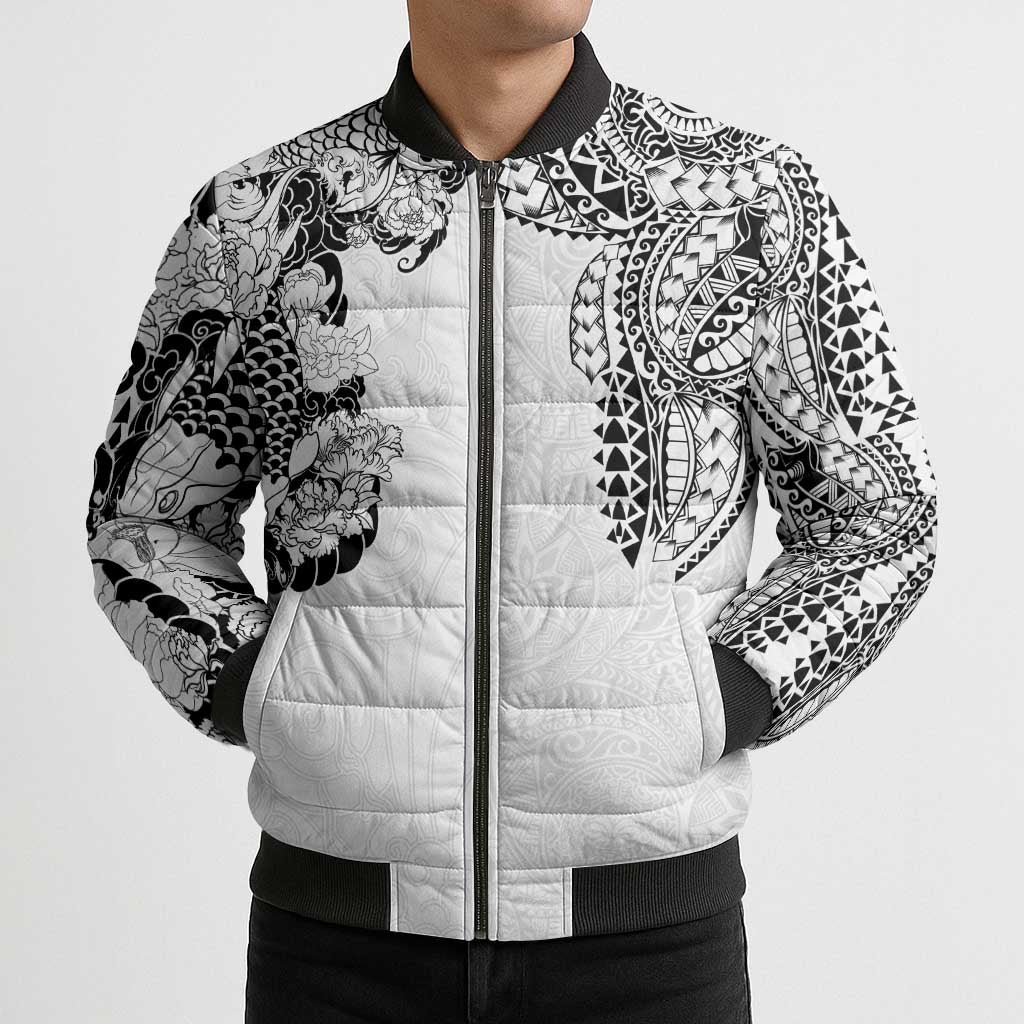 Japanese Irezumi and Hawaiian Polynesian Art Tattoo Bomber Puffer Jacket White Color - Wonder Print Shop