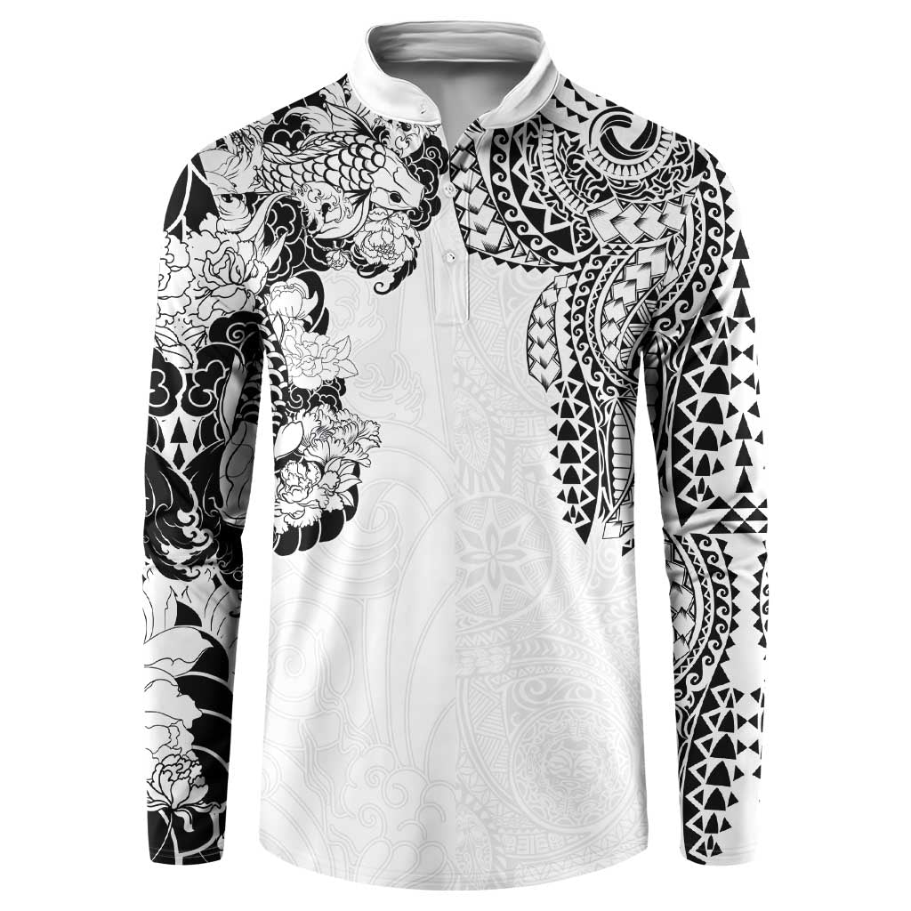 Japanese Irezumi and Hawaiian Polynesian Art Tattoo Button Sweatshirt White Color - Wonder Print Shop