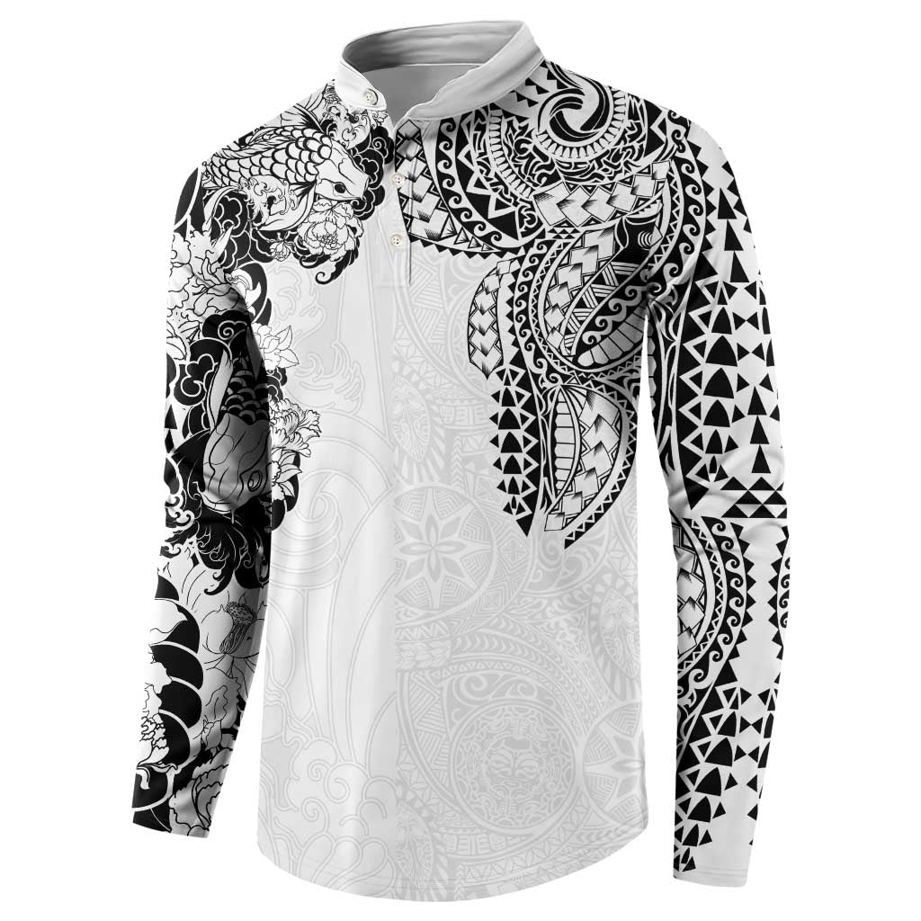 Japanese Irezumi and Hawaiian Polynesian Art Tattoo Button Sweatshirt White Color - Wonder Print Shop