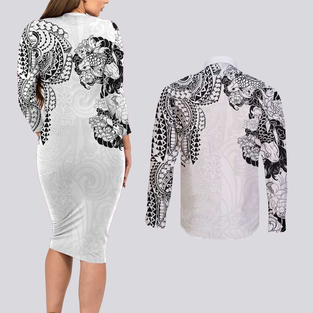 Japanese Irezumi and Hawaiian Polynesian Art Tattoo Couples Matching Long Sleeve Bodycon Dress and Long Sleeve Button Shirt White Color - Wonder Print Shop