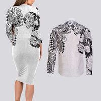 Japanese Irezumi and Hawaiian Polynesian Art Tattoo Couples Matching Long Sleeve Bodycon Dress and Long Sleeve Button Shirt White Color - Wonder Print Shop