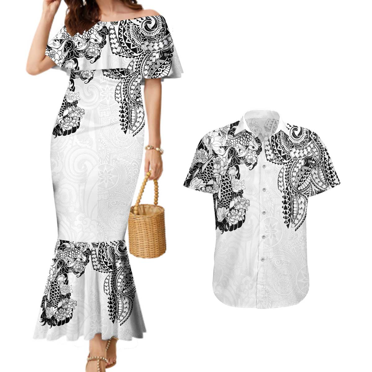 Japanese Irezumi and Hawaiian Polynesian Art Tattoo Couples Matching Mermaid Dress and Hawaiian Shirt White Color - Wonder Print Shop