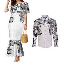 Japanese Irezumi and Hawaiian Polynesian Art Tattoo Couples Matching Mermaid Dress and Long Sleeve Button Shirt White Color - Wonder Print Shop