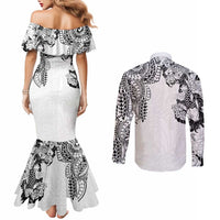 Japanese Irezumi and Hawaiian Polynesian Art Tattoo Couples Matching Mermaid Dress and Long Sleeve Button Shirt White Color - Wonder Print Shop