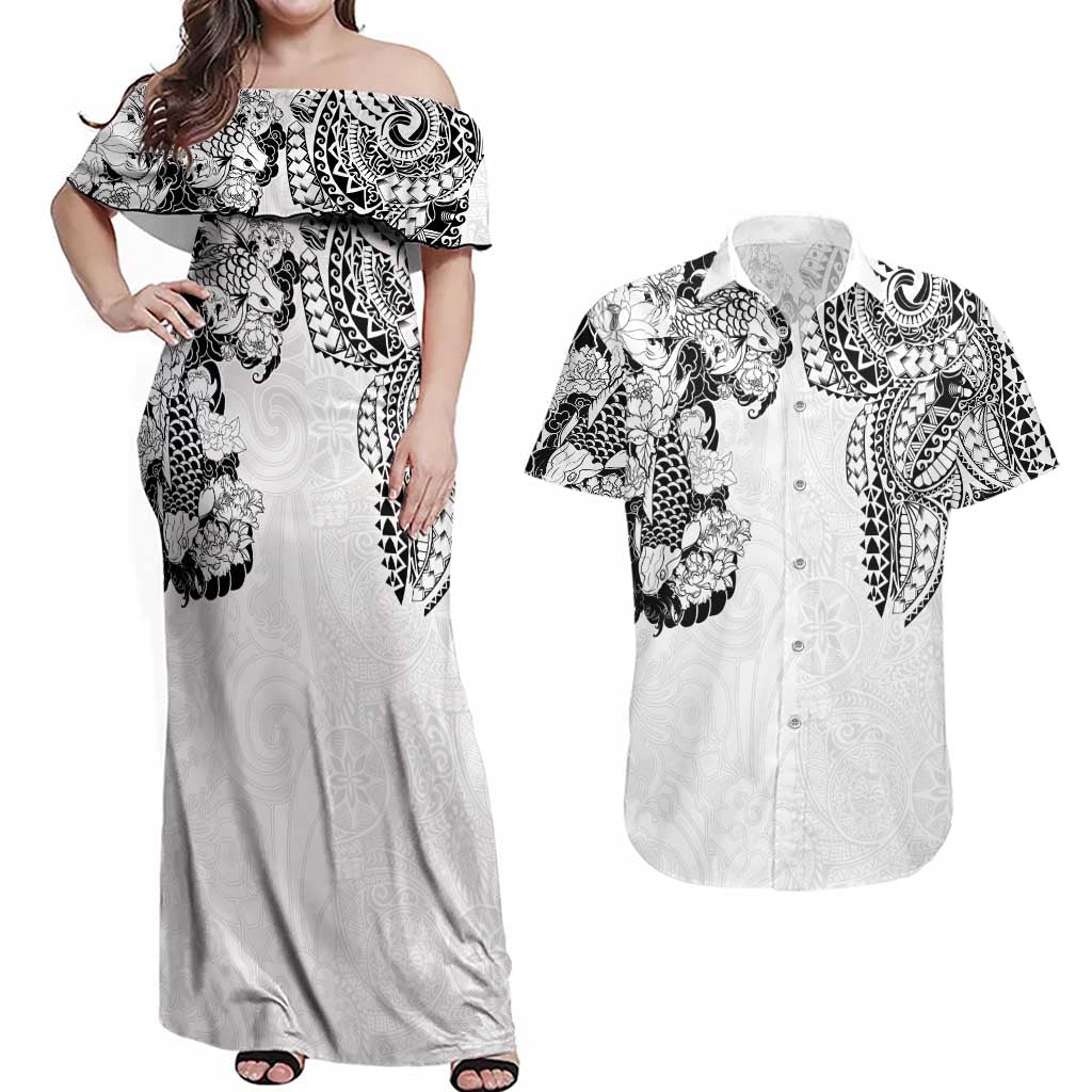 Japanese Irezumi and Hawaiian Polynesian Art Tattoo Couples Matching Off Shoulder Maxi Dress and Hawaiian Shirt White Color - Wonder Print Shop