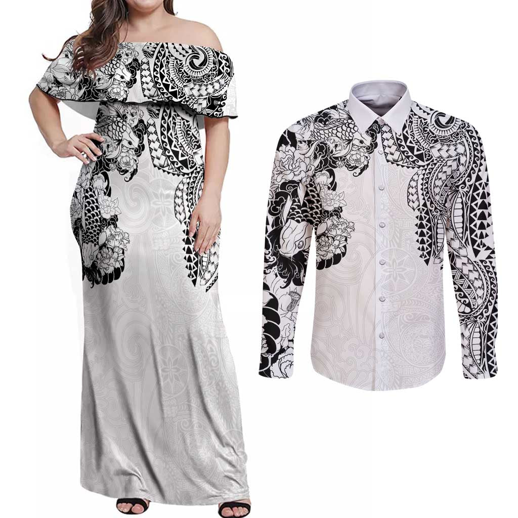 Japanese Irezumi and Hawaiian Polynesian Art Tattoo Couples Matching Off Shoulder Maxi Dress and Long Sleeve Button Shirt White Color - Wonder Print Shop