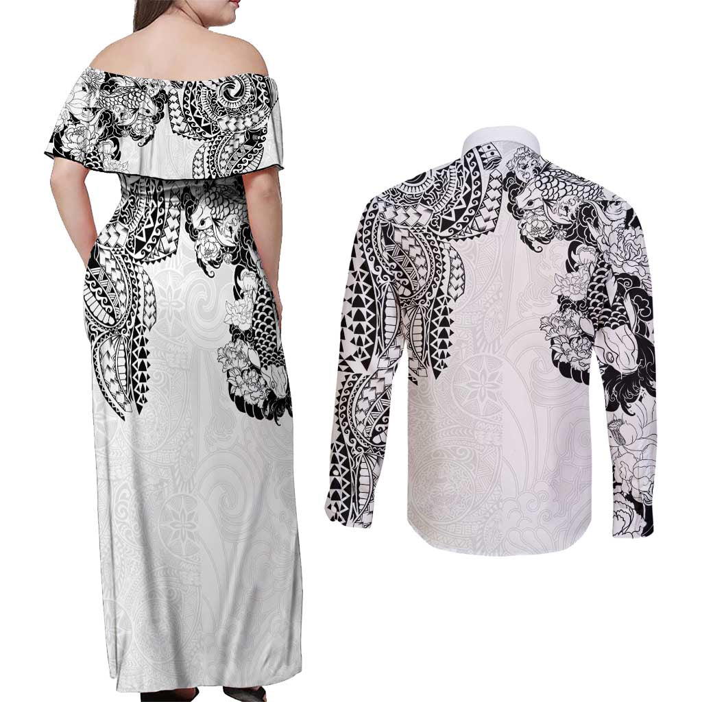 Japanese Irezumi and Hawaiian Polynesian Art Tattoo Couples Matching Off Shoulder Maxi Dress and Long Sleeve Button Shirt White Color - Wonder Print Shop