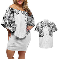 Japanese Irezumi and Hawaiian Polynesian Art Tattoo Couples Matching Off Shoulder Short Dress and Hawaiian Shirt White Color - Wonder Print Shop