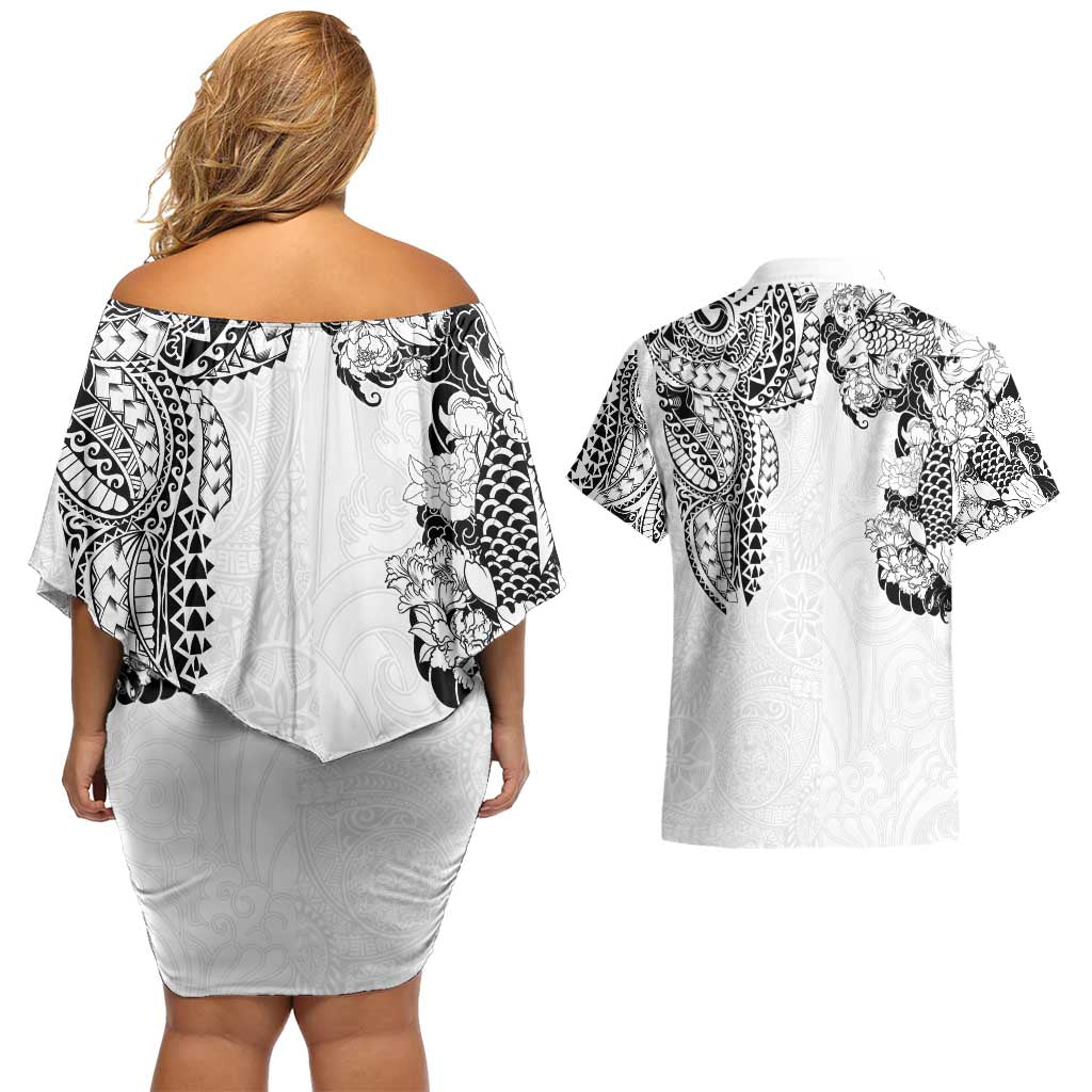 Japanese Irezumi and Hawaiian Polynesian Art Tattoo Couples Matching Off Shoulder Short Dress and Hawaiian Shirt White Color - Wonder Print Shop