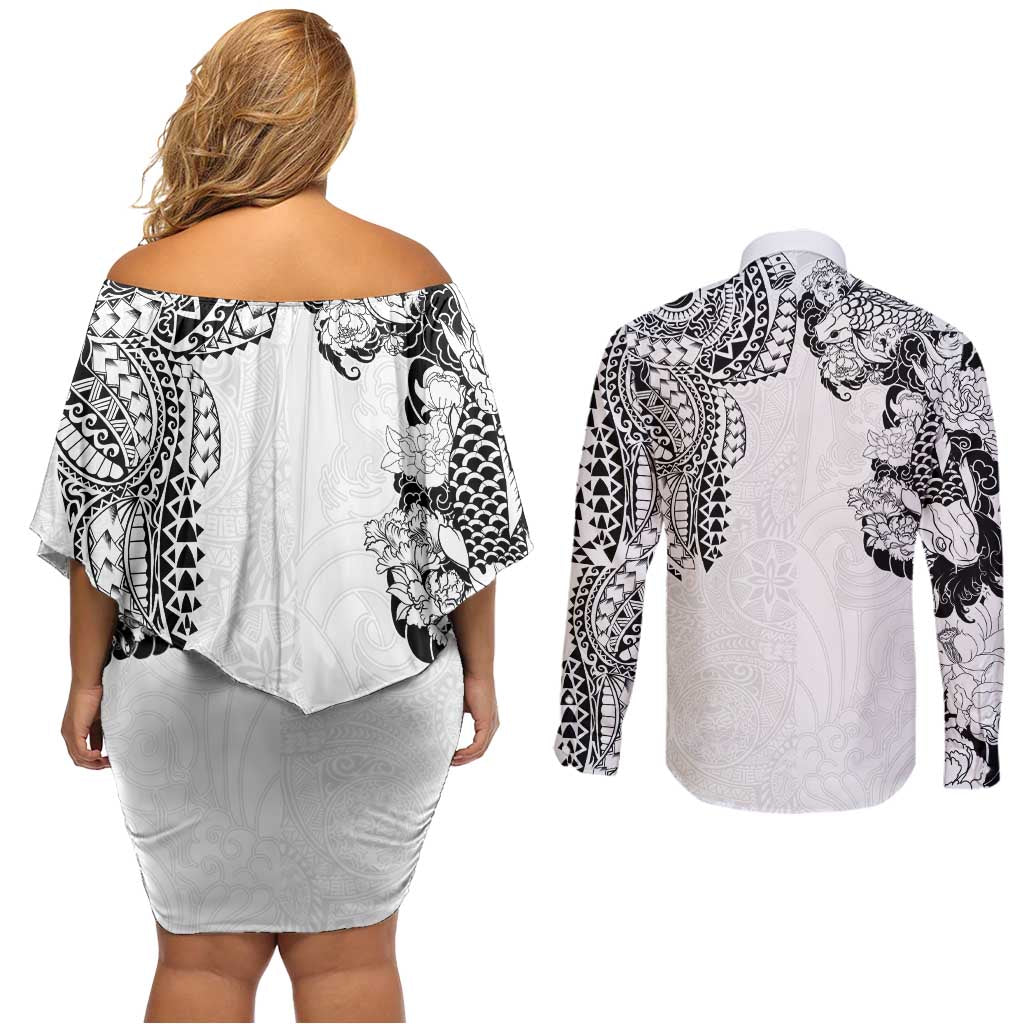 Japanese Irezumi and Hawaiian Polynesian Art Tattoo Couples Matching Off Shoulder Short Dress and Long Sleeve Button Shirt White Color - Wonder Print Shop
