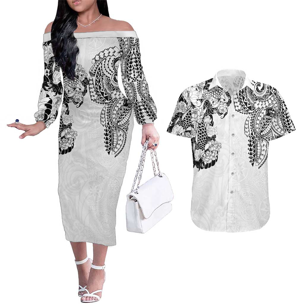 Japanese Irezumi and Hawaiian Polynesian Art Tattoo Couples Matching Off The Shoulder Long Sleeve Dress and Hawaiian Shirt White Color - Wonder Print Shop