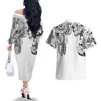 Japanese Irezumi and Hawaiian Polynesian Art Tattoo Couples Matching Off The Shoulder Long Sleeve Dress and Hawaiian Shirt White Color - Wonder Print Shop