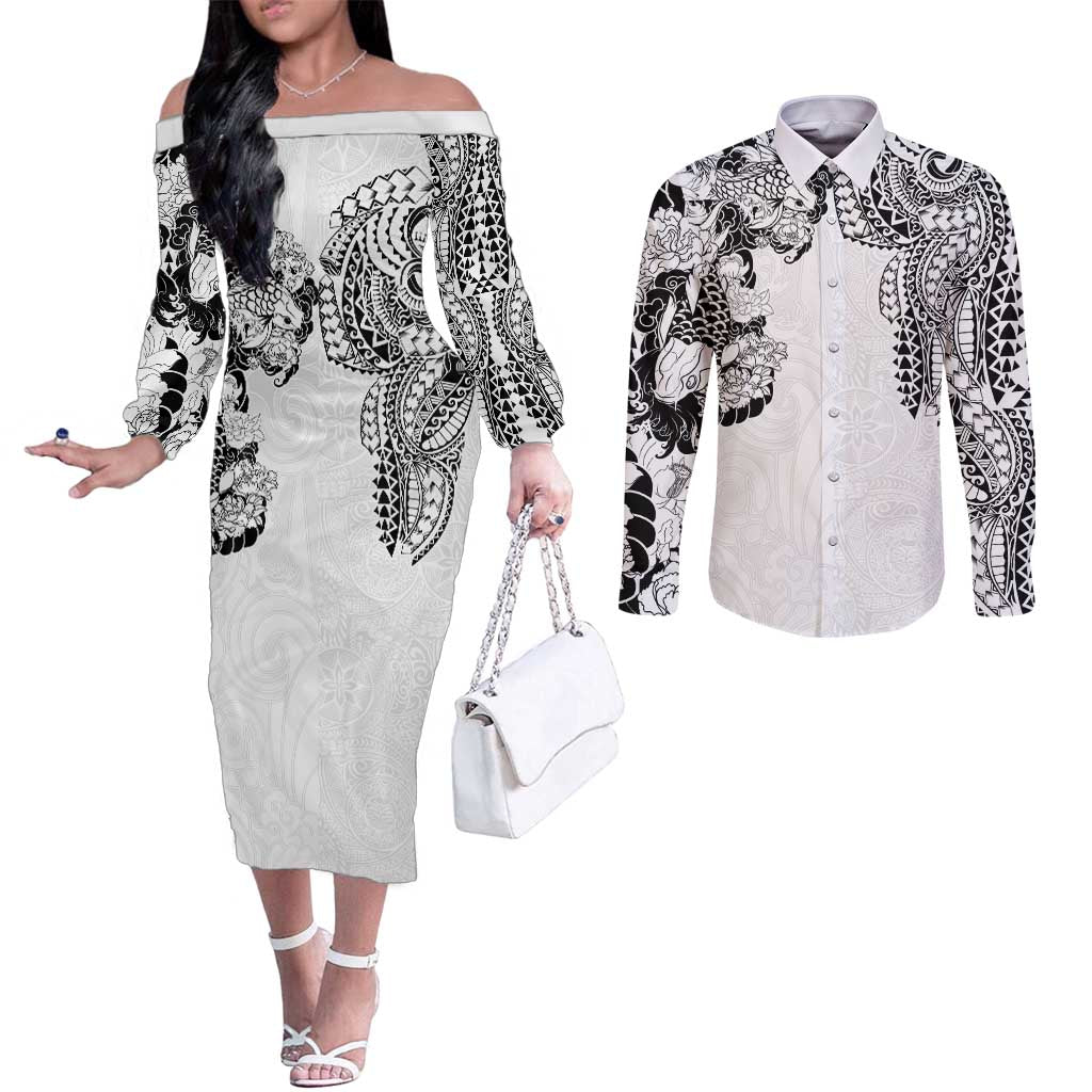Japanese Irezumi and Hawaiian Polynesian Art Tattoo Couples Matching Off The Shoulder Long Sleeve Dress and Long Sleeve Button Shirt White Color - Wonder Print Shop