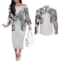 Japanese Irezumi and Hawaiian Polynesian Art Tattoo Couples Matching Off The Shoulder Long Sleeve Dress and Long Sleeve Button Shirt White Color - Wonder Print Shop