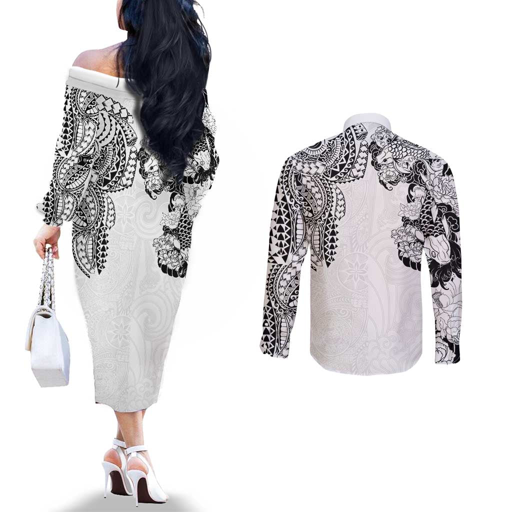 Japanese Irezumi and Hawaiian Polynesian Art Tattoo Couples Matching Off The Shoulder Long Sleeve Dress and Long Sleeve Button Shirt White Color - Wonder Print Shop