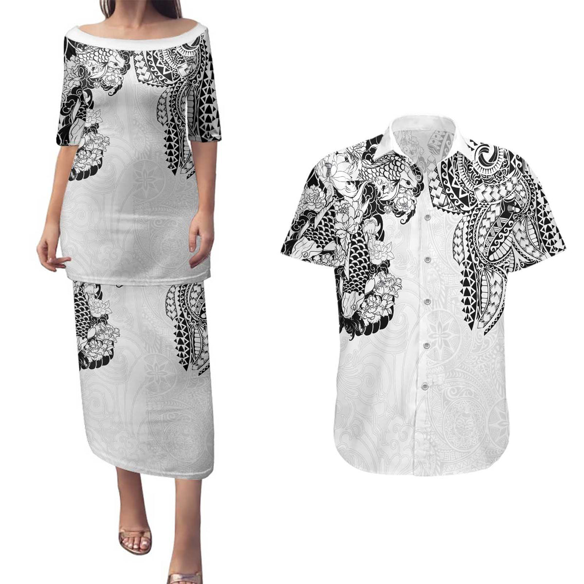 Japanese Irezumi and Hawaiian Polynesian Art Tattoo Couples Matching Puletasi and Hawaiian Shirt White Color - Wonder Print Shop