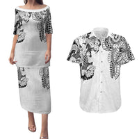 Japanese Irezumi and Hawaiian Polynesian Art Tattoo Couples Matching Puletasi and Hawaiian Shirt White Color - Wonder Print Shop