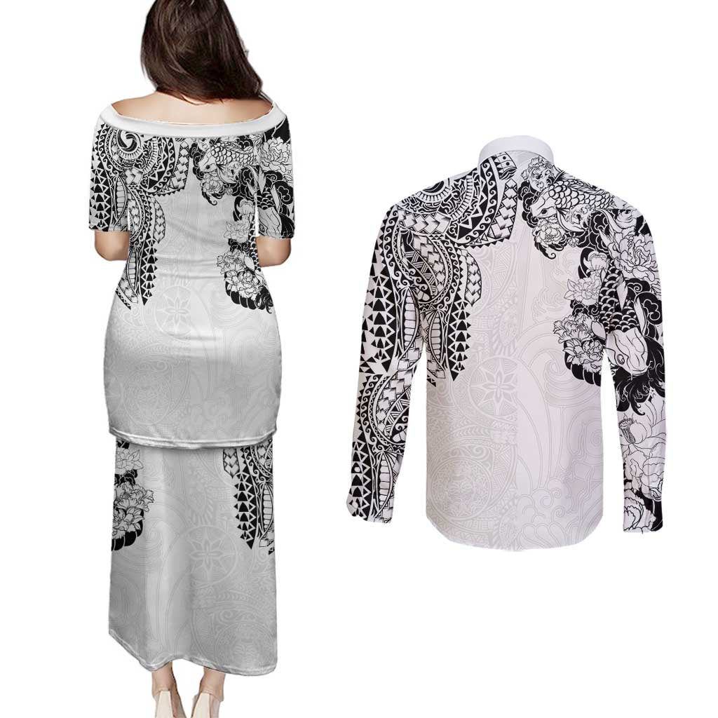 Japanese Irezumi and Hawaiian Polynesian Art Tattoo Couples Matching Puletasi and Long Sleeve Button Shirt White Color - Wonder Print Shop
