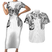 Japanese Irezumi and Hawaiian Polynesian Art Tattoo Couples Matching Short Sleeve Bodycon Dress and Hawaiian Shirt White Color - Wonder Print Shop