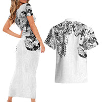 Japanese Irezumi and Hawaiian Polynesian Art Tattoo Couples Matching Short Sleeve Bodycon Dress and Hawaiian Shirt White Color - Wonder Print Shop